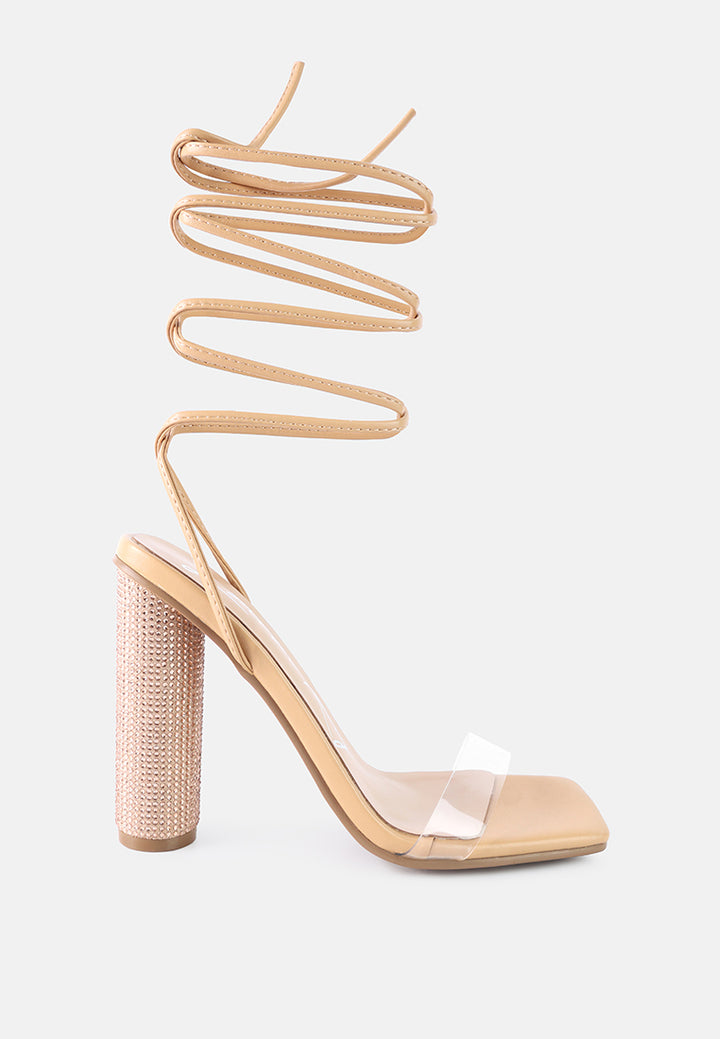 women lace up diamante high heel sandal#color_latte