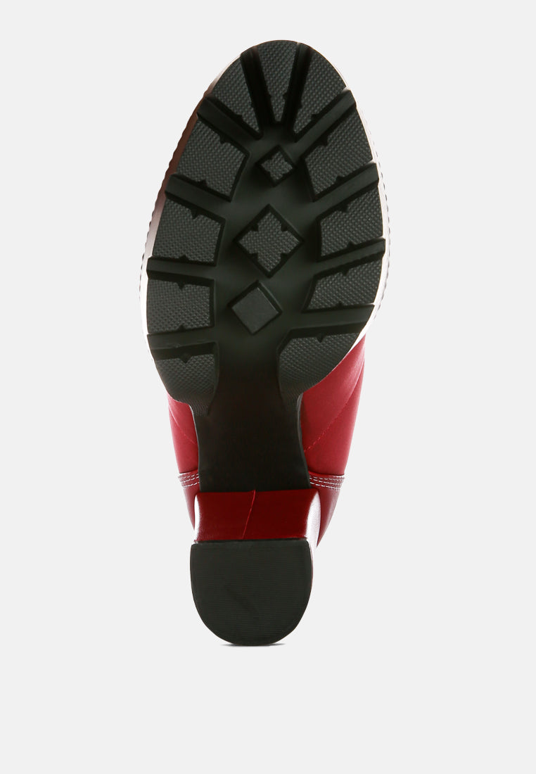 high heel quilted satin biker boots#color_burgundy