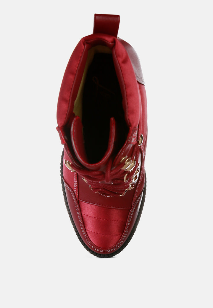 high heel quilted satin biker boots#color_burgundy