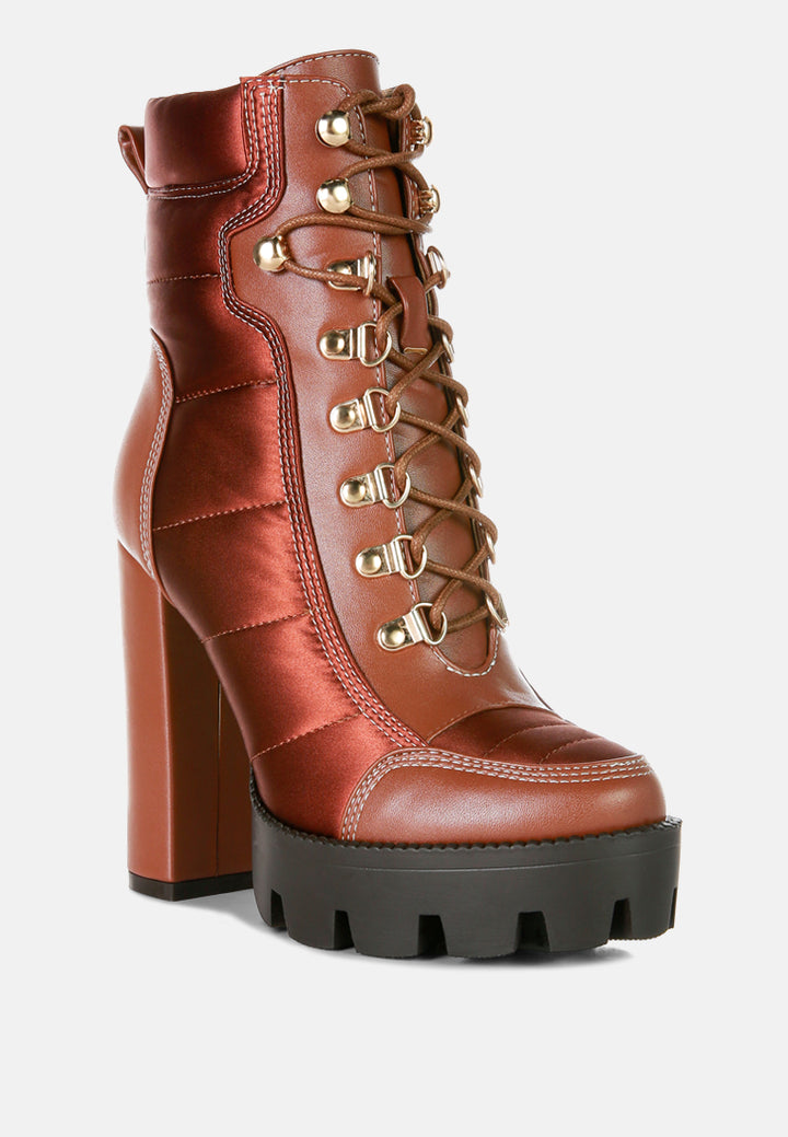 high heel quilted satin biker boots#color_tan