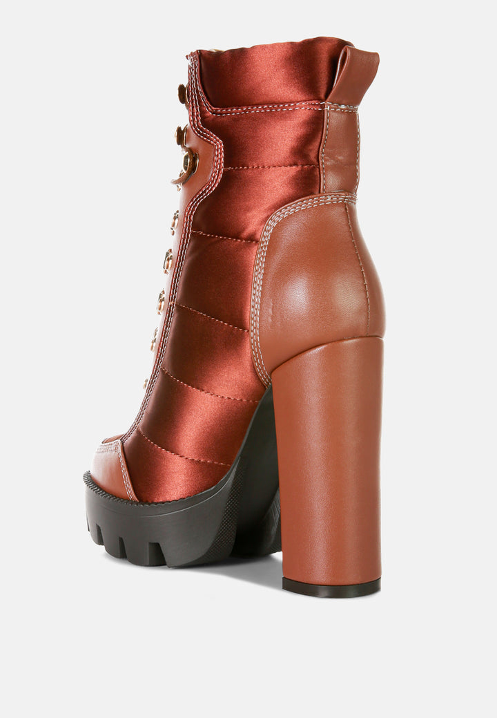 high heel quilted satin biker boots#color_tan
