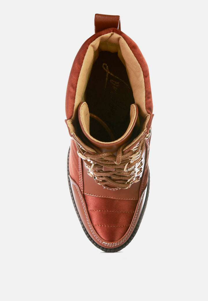 high heel quilted satin biker boots#color_tan