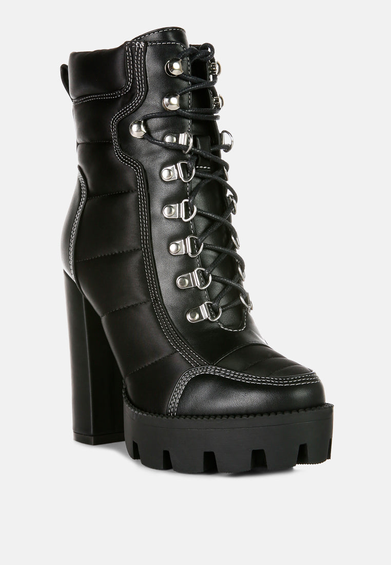 high heel quilted satin biker boots#color_black