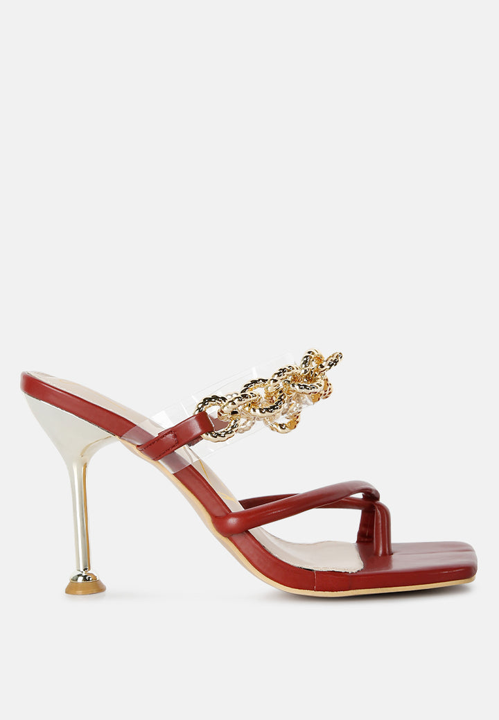social bee link chain embellished heel sandals#color_burgundy