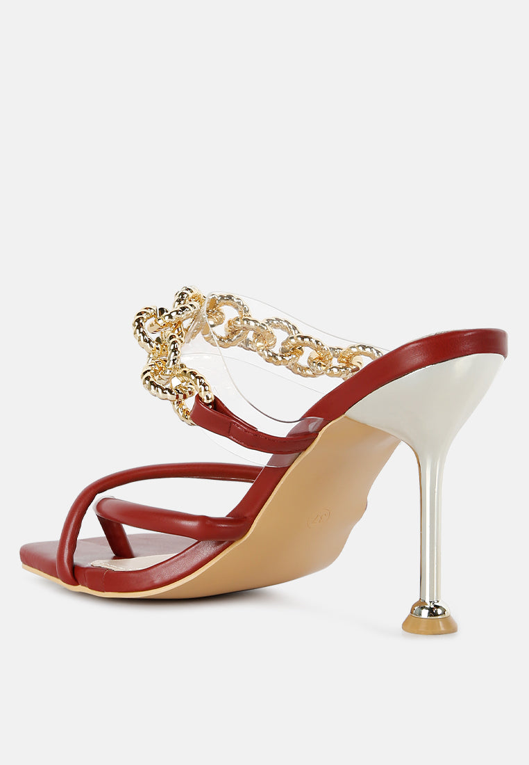 social bee link chain embellished heel sandals#color_burgundy