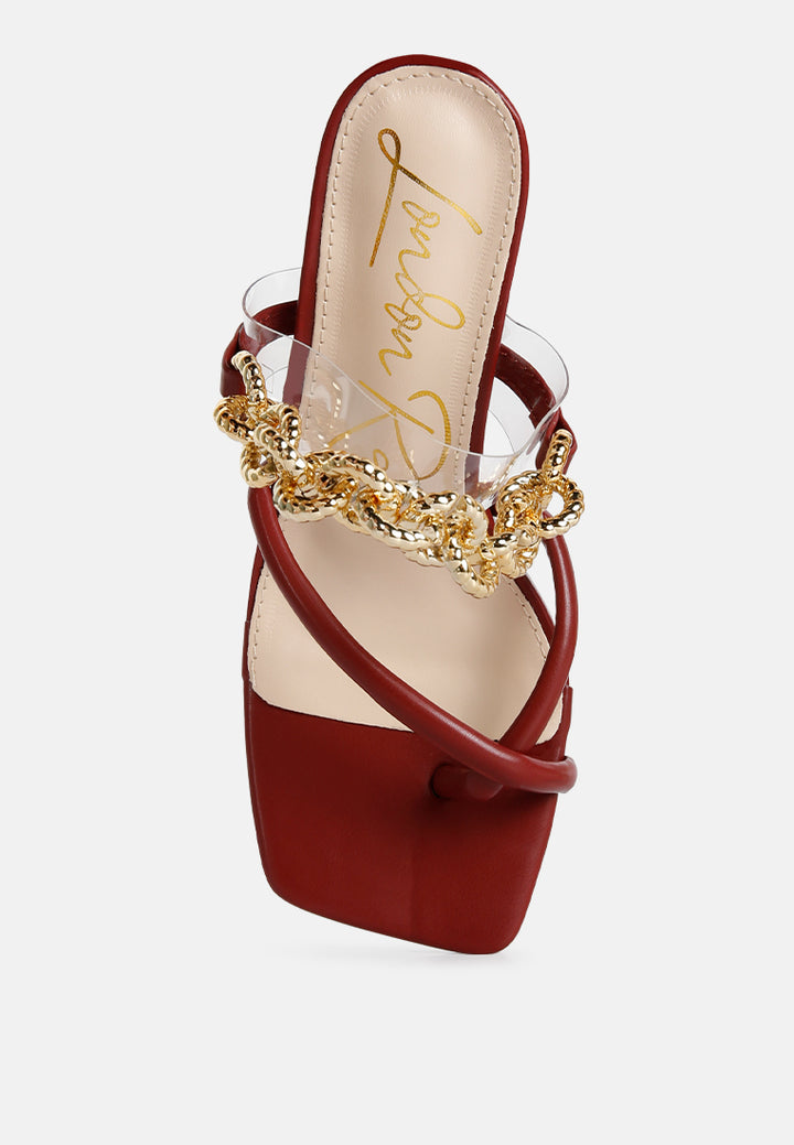social bee link chain embellished heel sandals#color_burgundy