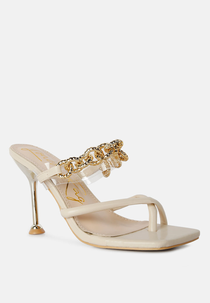 social bee link chain embellished heel sandals#color_latte