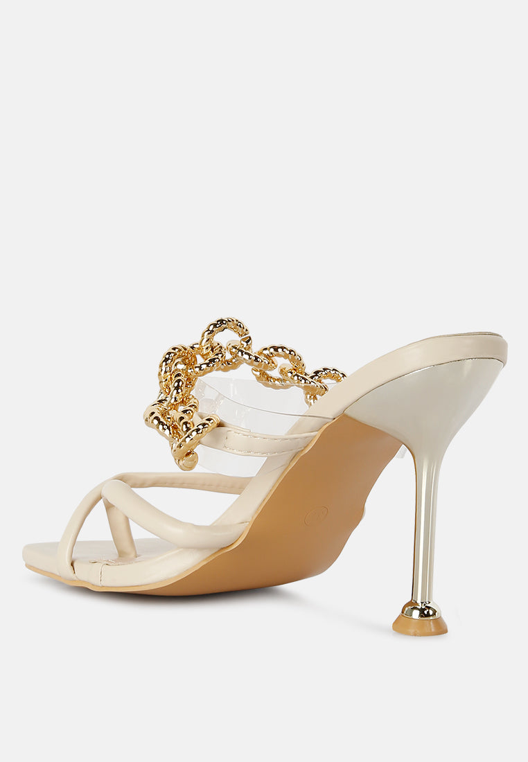 social bee link chain embellished heel sandals#color_latte