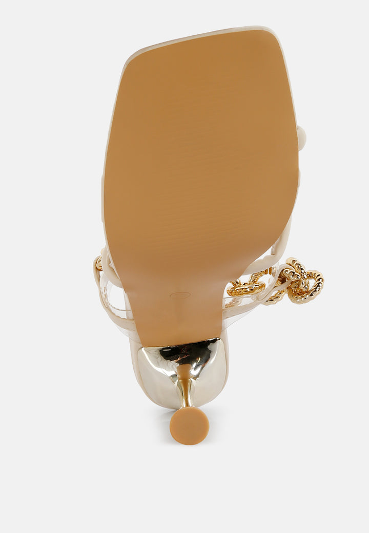 social bee link chain embellished heel sandals#color_latte