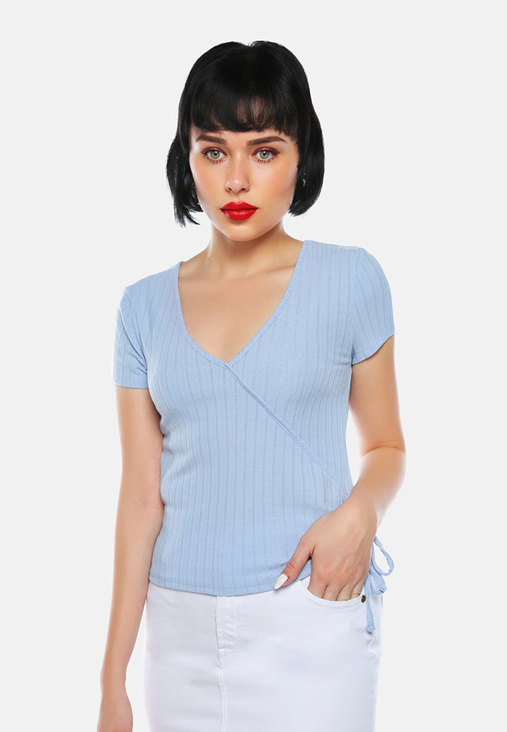 women solid rib knit wrap top#color_aqua blue