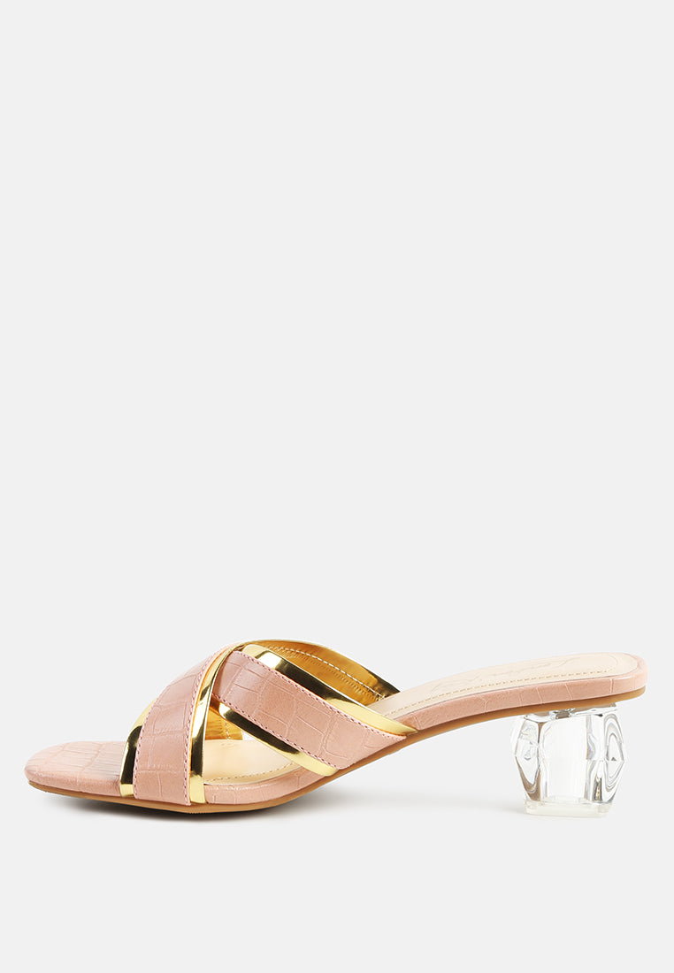 women line croc textured low heel sandals#color_pink