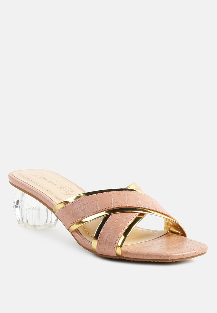 women line croc textured low heel sandals#color_pink