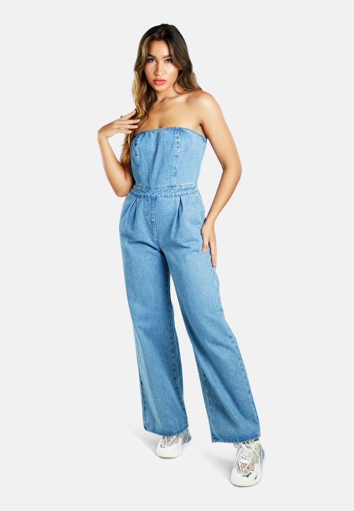 Women Strapless Back Zipper Denim Jumpsuit