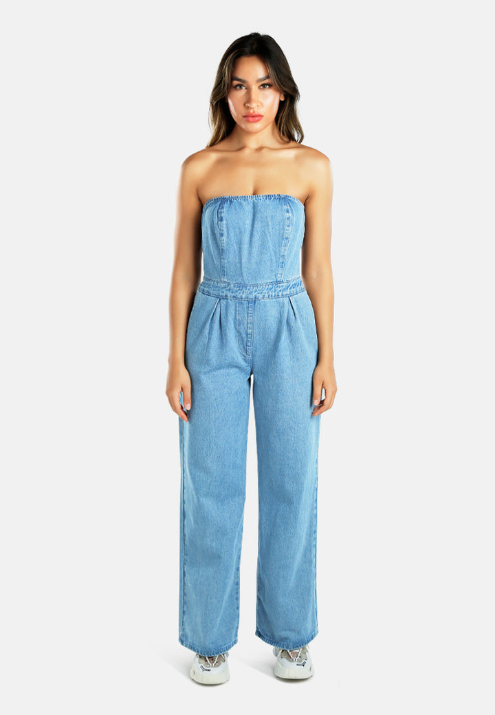 Women Strapless Back Zipper Denim Jumpsuit