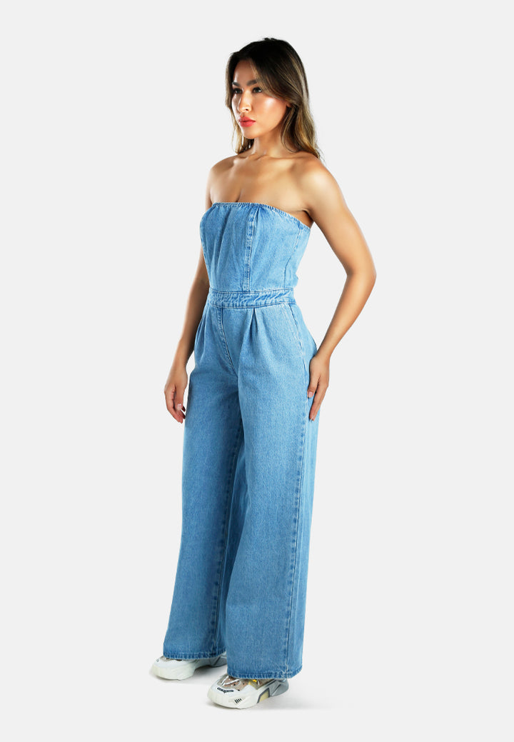 Women Strapless Back Zipper Denim Jumpsuit