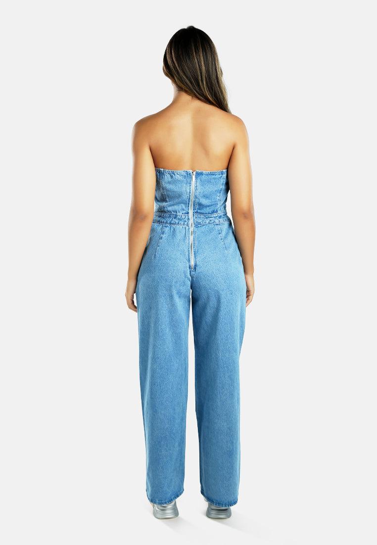Women Strapless Back Zipper Denim Jumpsuit