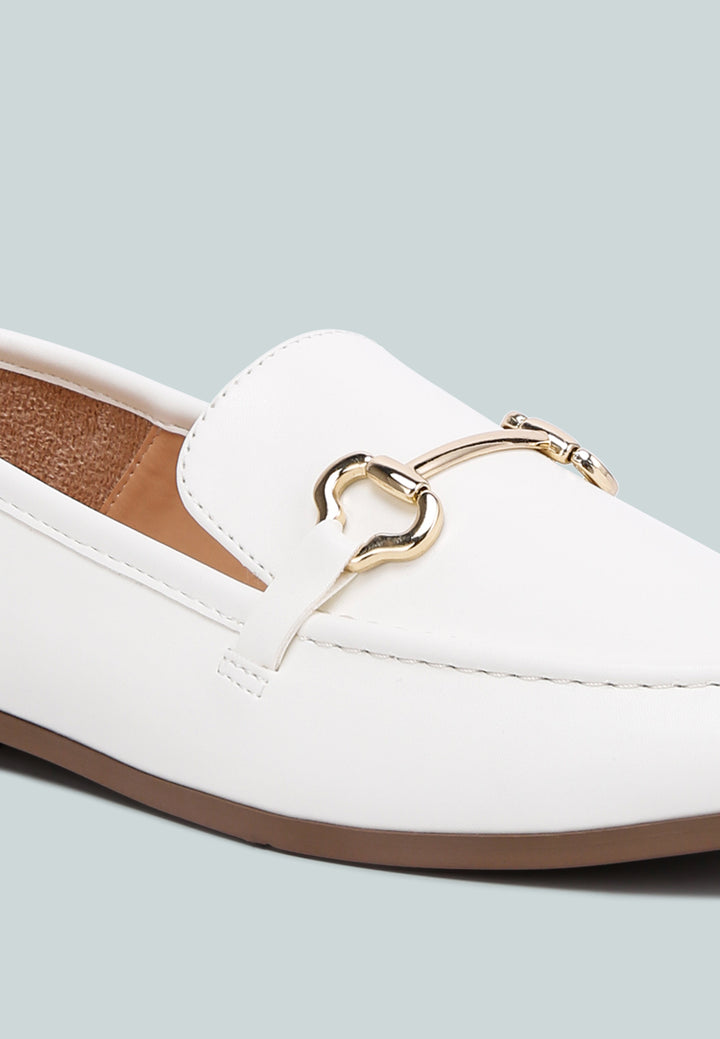 women horsebit embellished faux leather loafers#color_white