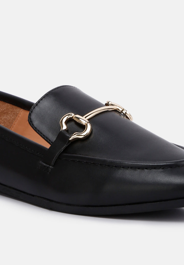 women horsebit embellished faux leather loafers#color_black