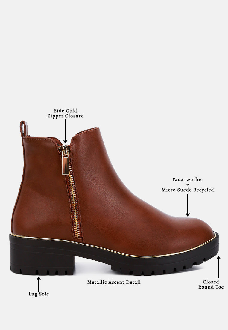 women metallic frame block heel boots#color_tan