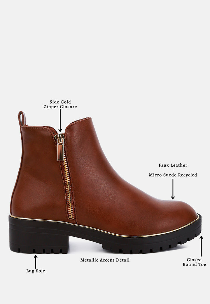 women metallic frame block heel boots#color_tan