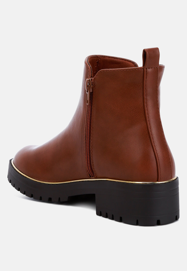 women metallic frame block heel boots#color_tan