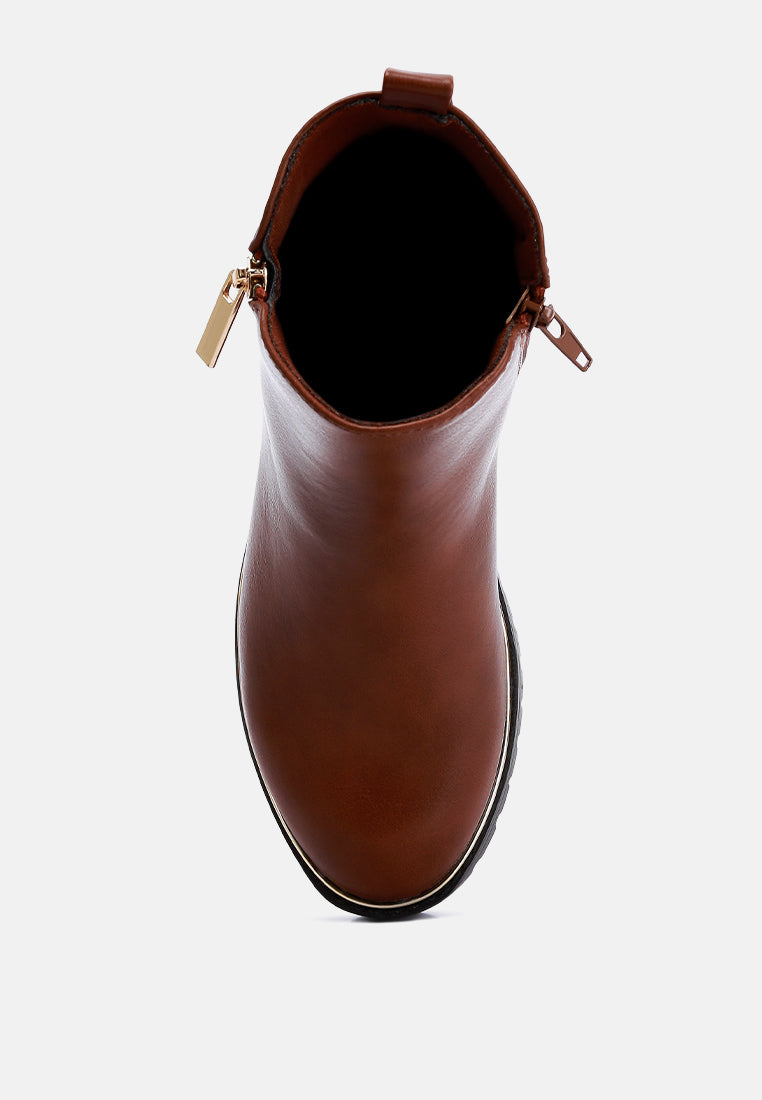 women metallic frame block heel boots#color_tan