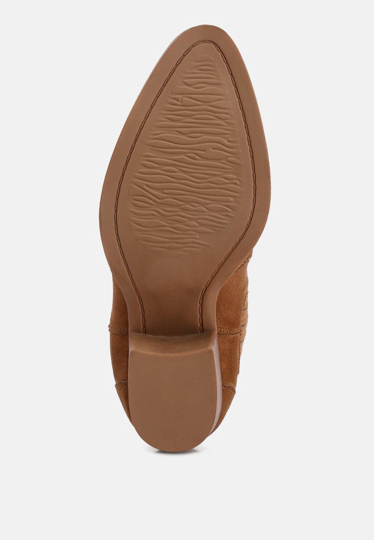 women ankle length low heel cowboy boots#color_tan