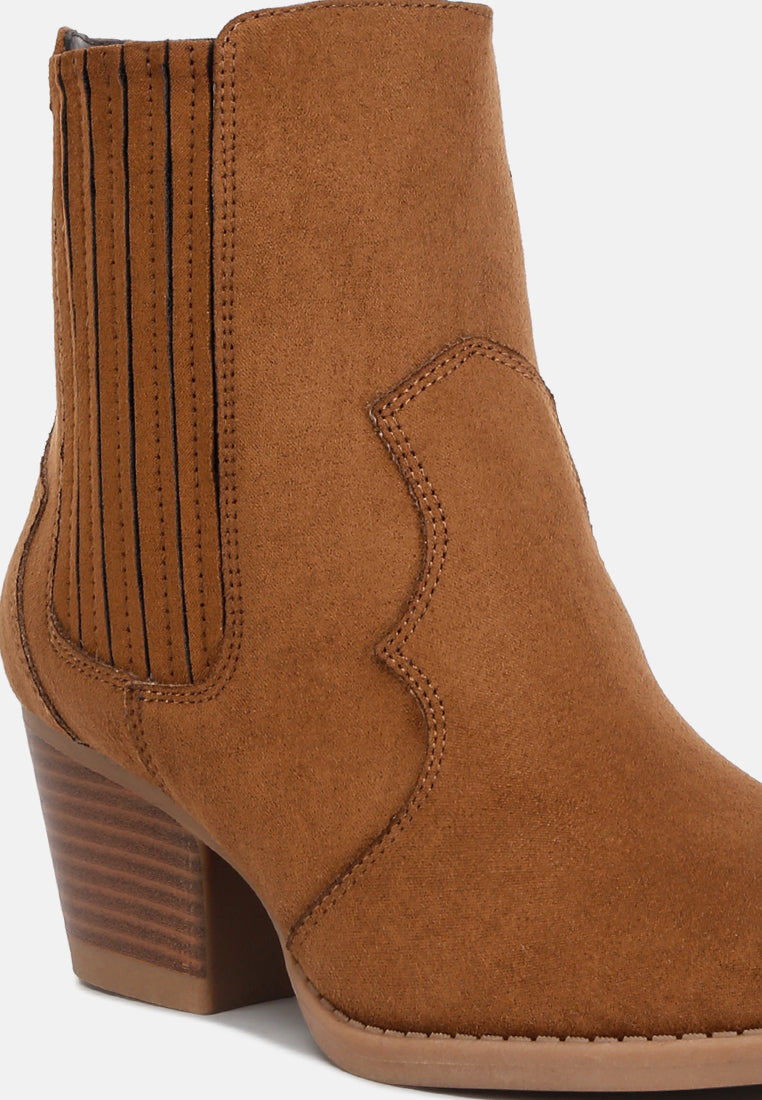 women ankle length low heel cowboy boots#color_tan