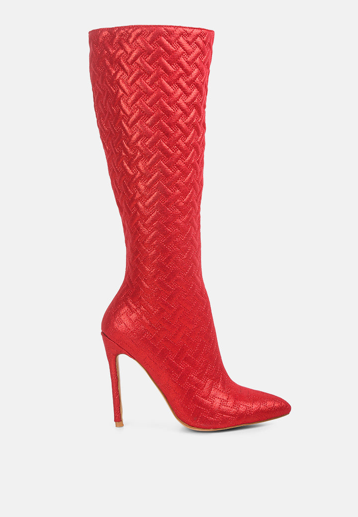 Quilted High Heeled Calf Boots#color_red