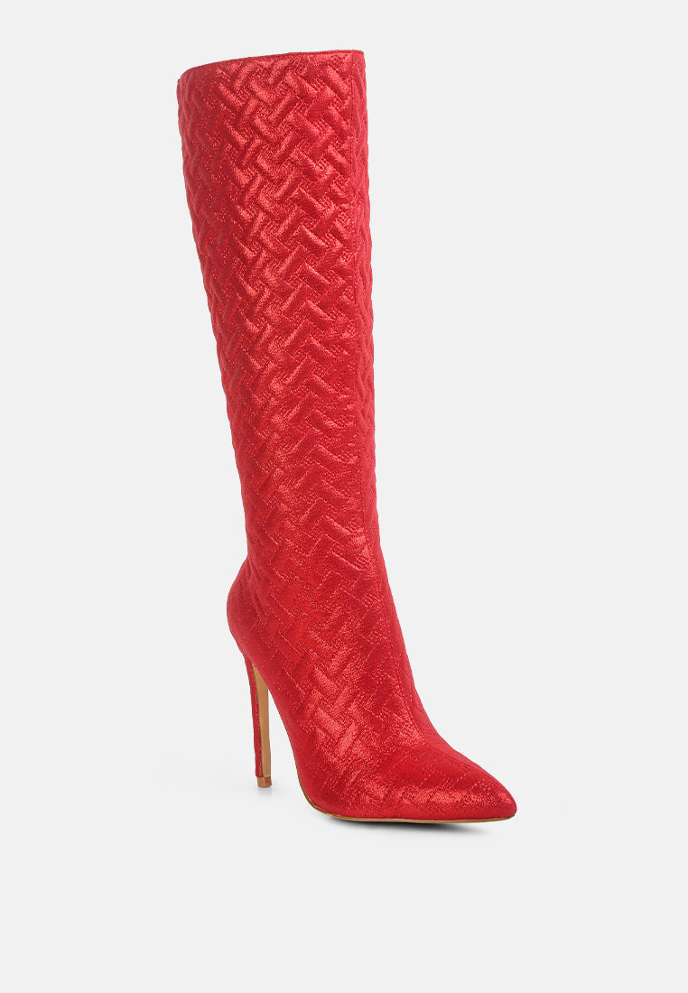 Quilted High Heeled Calf Boots#color_red