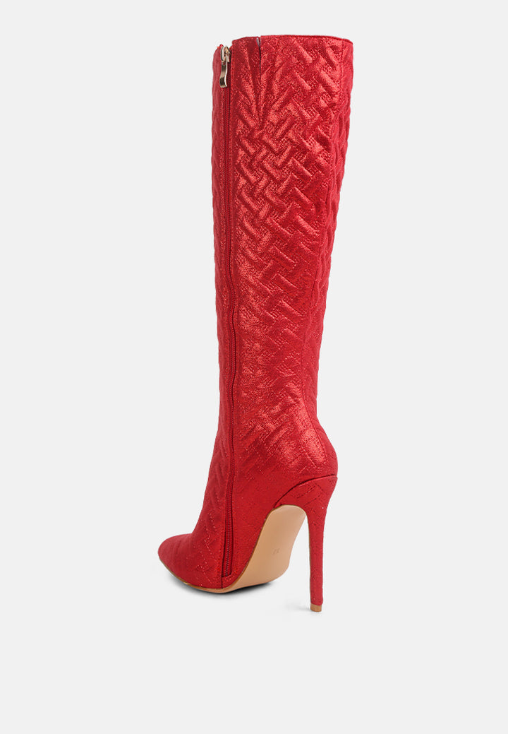 Quilted High Heeled Calf Boots#color_red