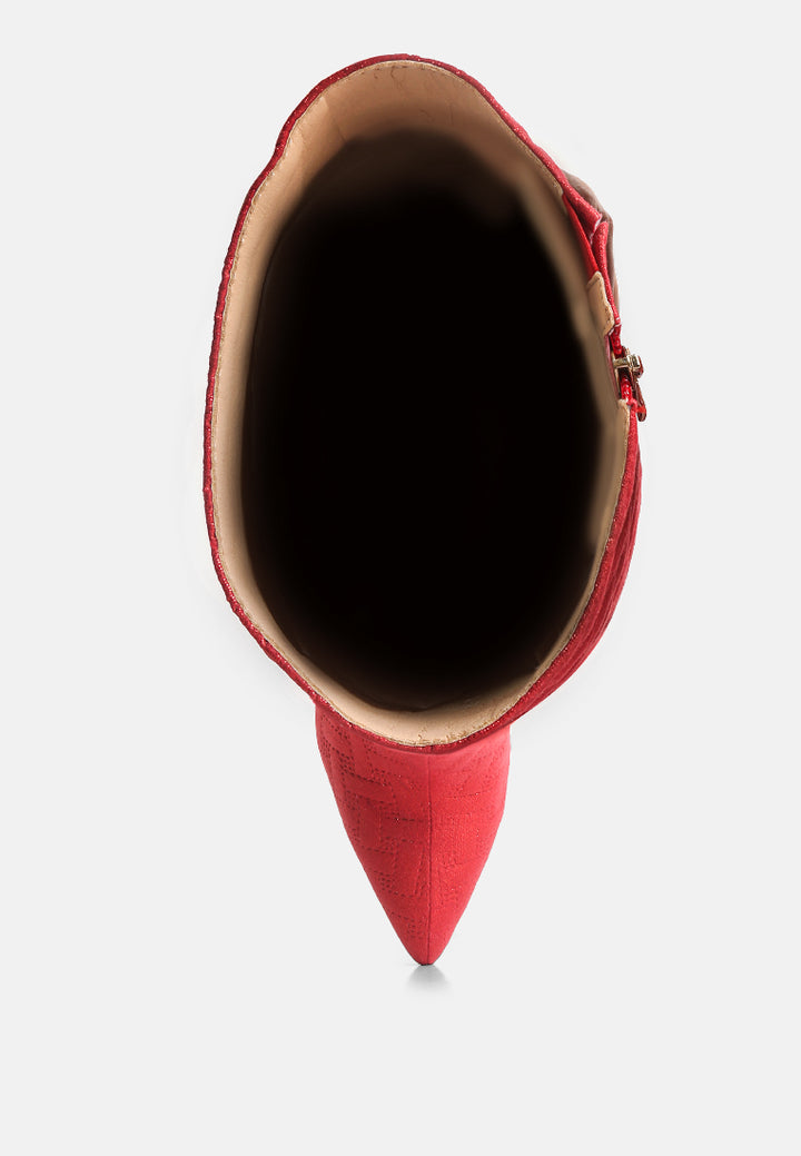 Quilted High Heeled Calf Boots#color_red