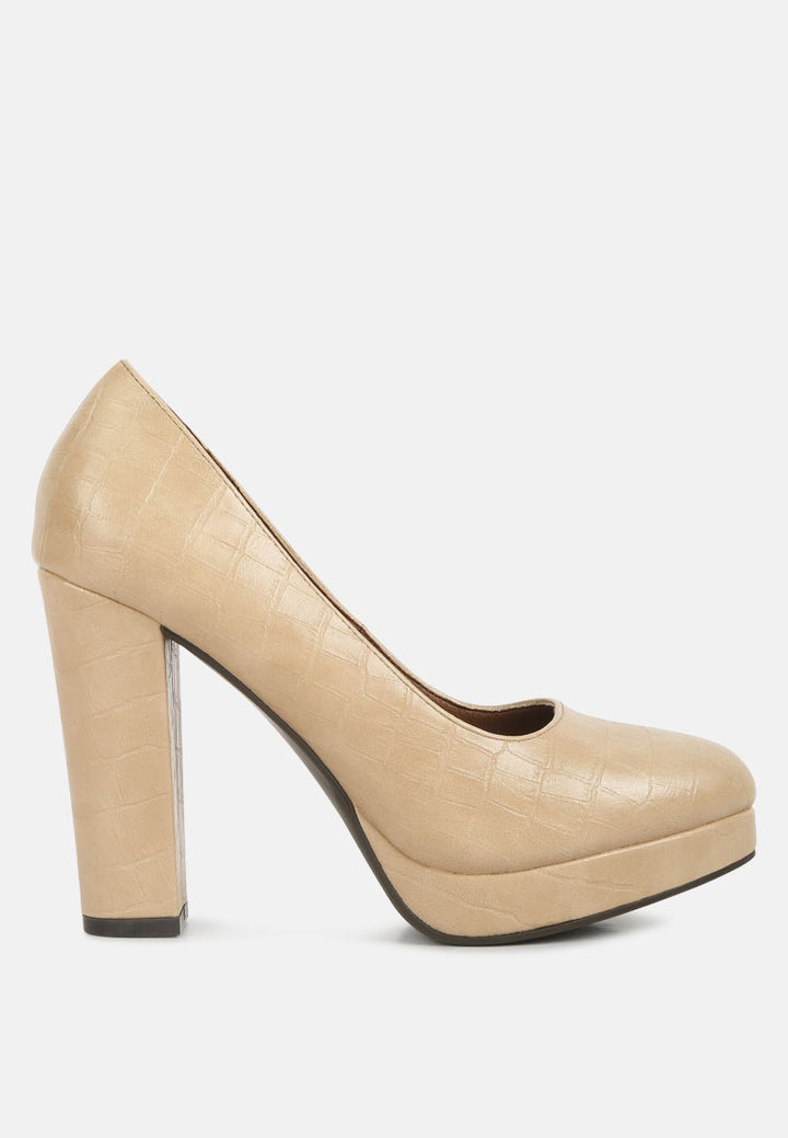 women croc texture high block heel pumps#color_beige