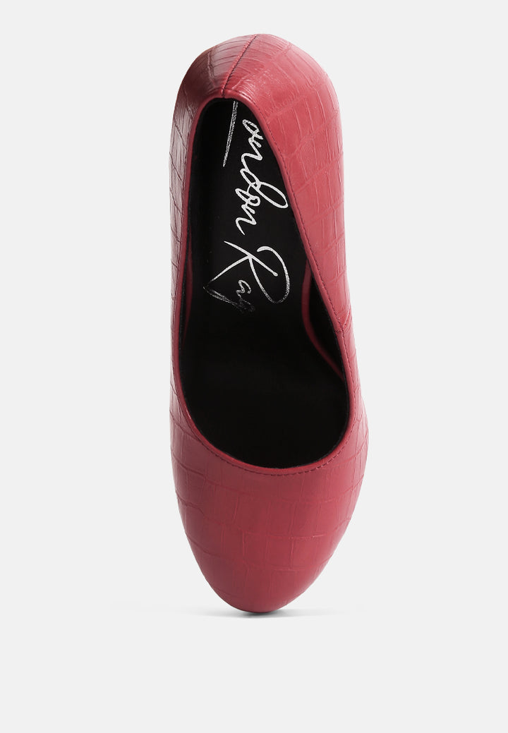 women croc texture high block heel pumps#color_red