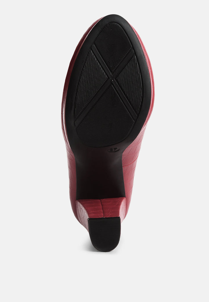women croc texture high block heel pumps#color_red