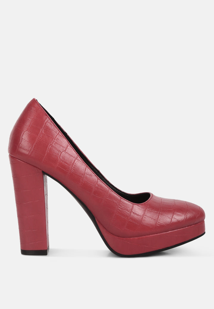 women croc texture high block heel pumps#color_red