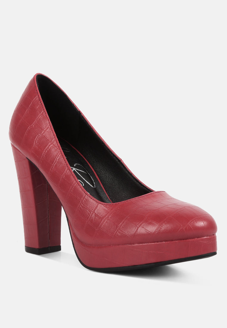 women croc texture high block heel pumps#color_red