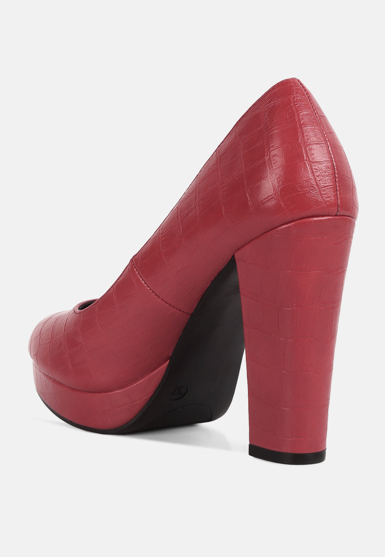 women croc texture high block heel pumps#color_red