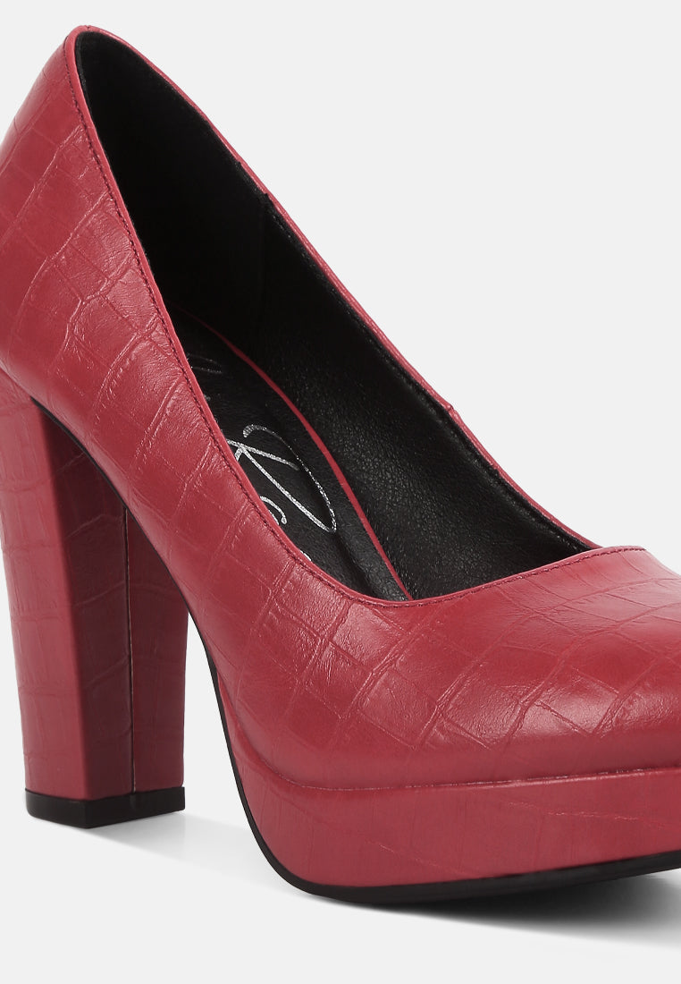 women croc texture high block heel pumps#color_red