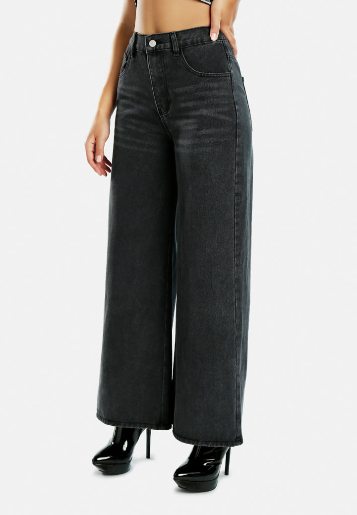 women wide legged solid denim pants#color_black