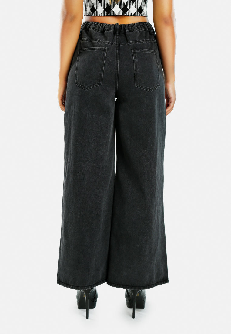 women wide legged solid denim pants#color_black