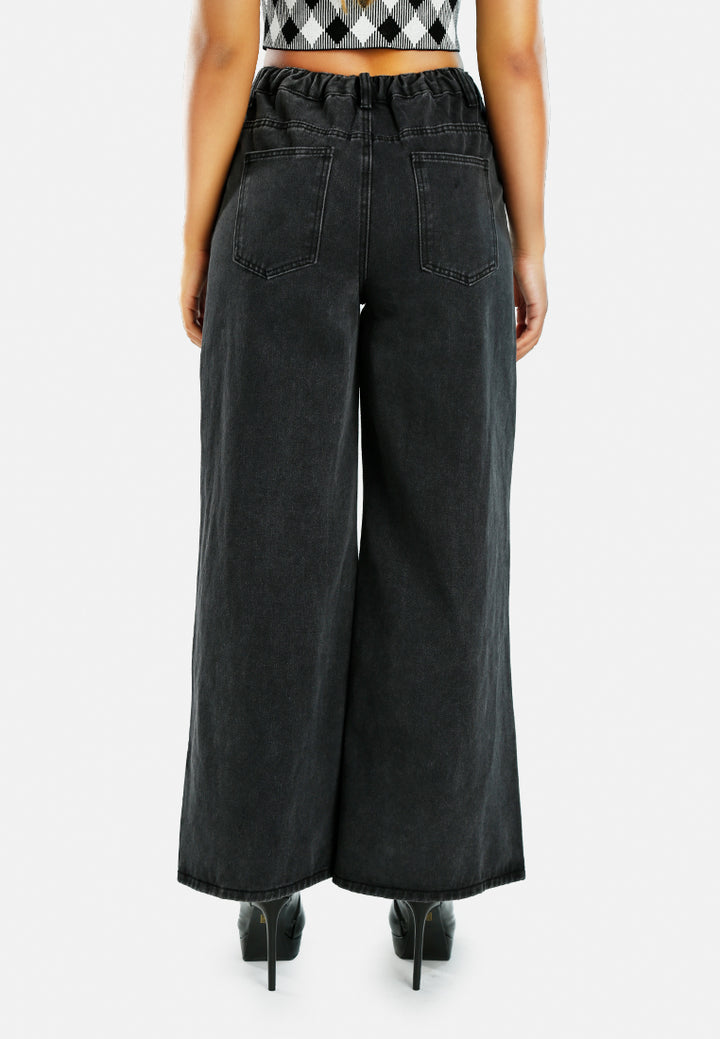 women wide legged solid denim pants#color_black