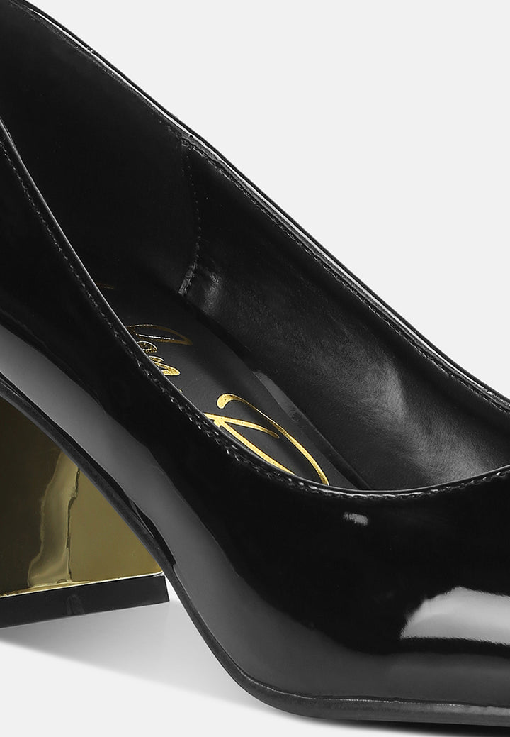 women metallic accent block heel pumps#color_black