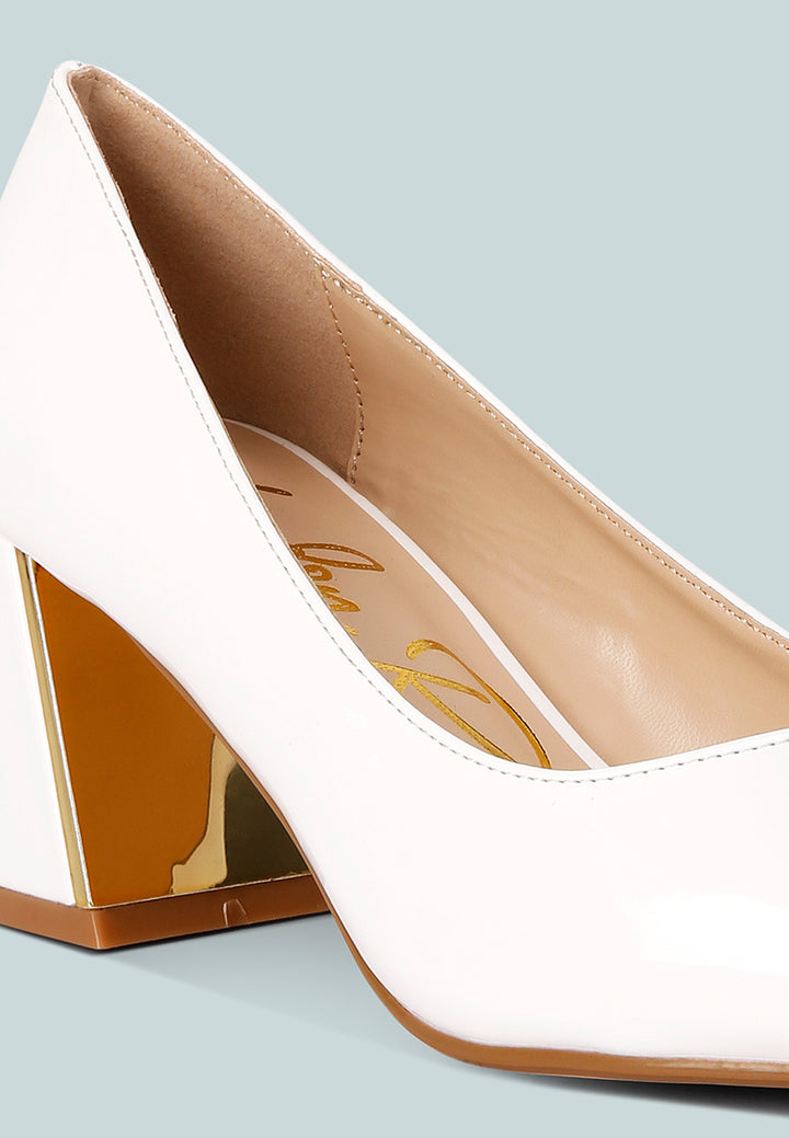women metallic accent block heel pumps#color_white