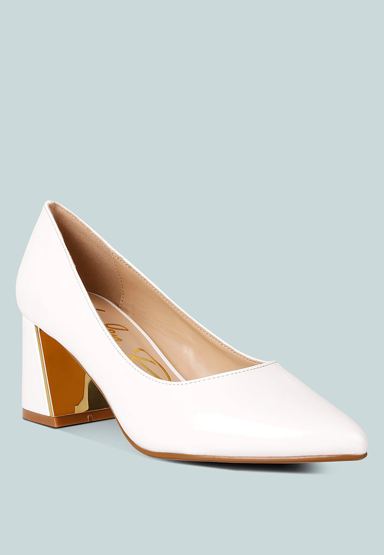 women metallic accent block heel pumps#color_white