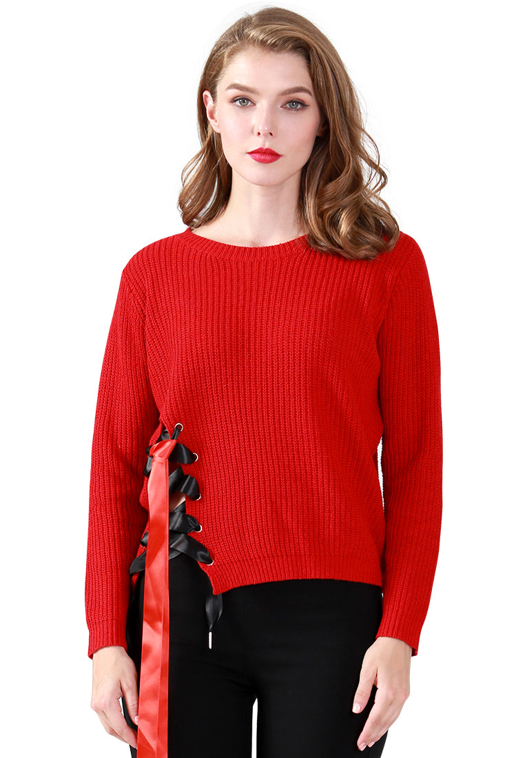 Red Long Sleeve Sweater Draw String Detail - Red