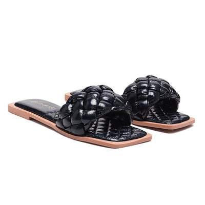 Black Quilted Slides In Woven Straps - Black