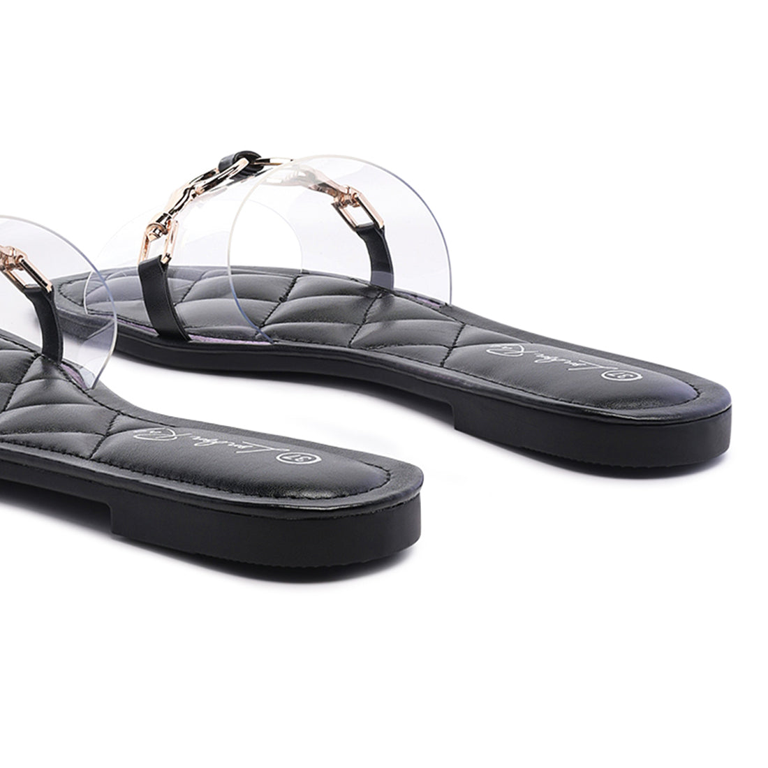 Clear Buckled Quilted Slides in Black - Black