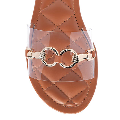 Clear Buckled Quilted Slides in Tan - Tan