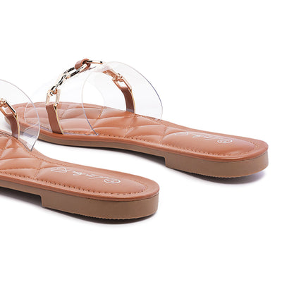 Clear Buckled Quilted Slides in Tan - Tan